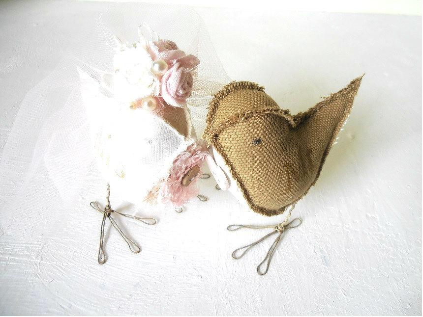Wedding - Wedding Cake Topper Love Birds Handmade soft sculptures rustic pale pink brown ivory fabric Bride and Groom Mr and Mrs