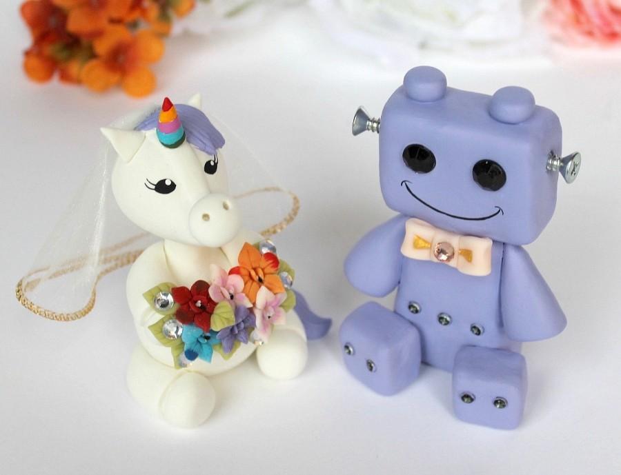 Wedding - Unicorn and Robot wedding cake topper, custom bride and groom cake topper, geek nerd cake toppers, rainbow unicorn cake topper