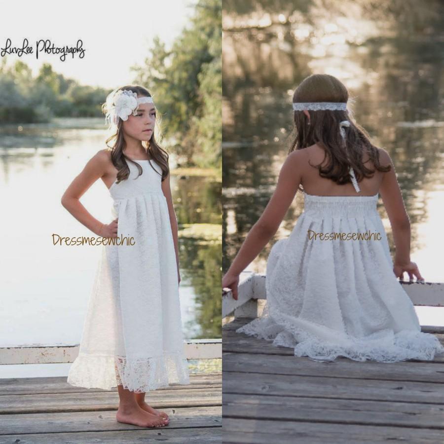Wedding - Size 2T-10T, Off white halter flower girl maxi lace dress, long flower girl gown, beach Bohemian girl dress