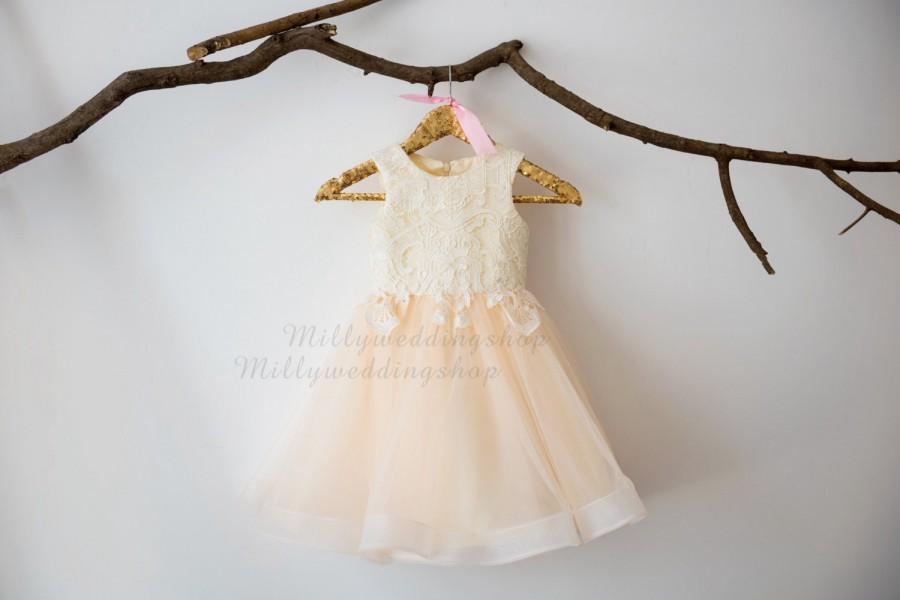 Hochzeit - Ivory Lace Champagne Tulle Flower Girl Dress Junior Bridesmaid Wedding Party Dress M0032