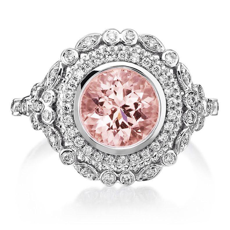 Hochzeit - Morganite Engagement Ring 1.92cttw 18k White Gold & Double Halo Diamond Vintage Morganite Engagement Ring Wedding Ring Anniversary