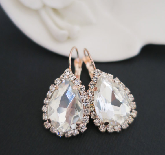 Wedding - Bridesmaid Earrings Rose Gold, Crystal Bridal Earrings, Wedding Drop Earrings, Bridesmaid Earrings, Bridesmaid Jewelry Set, Bridal Jewelry