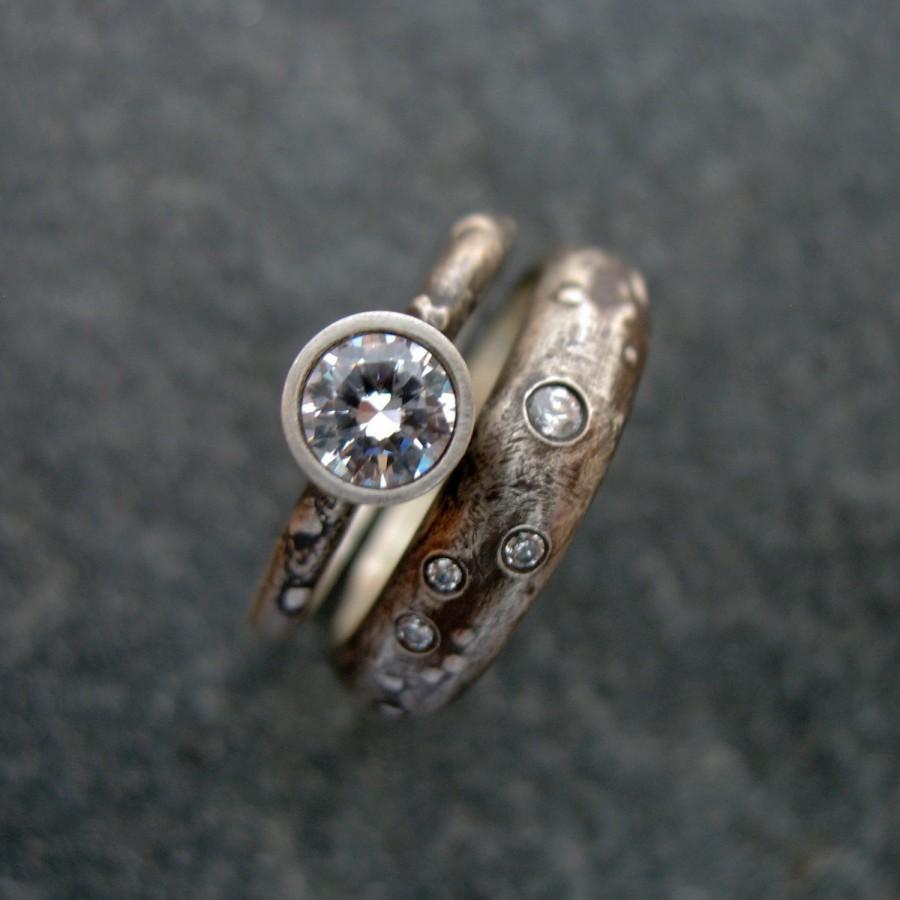 Hochzeit - Engagement Ring Set Sterling Silver Wedding Band Solitaire CZ Rustic Wedding Band Antiquity Custom Gemstones