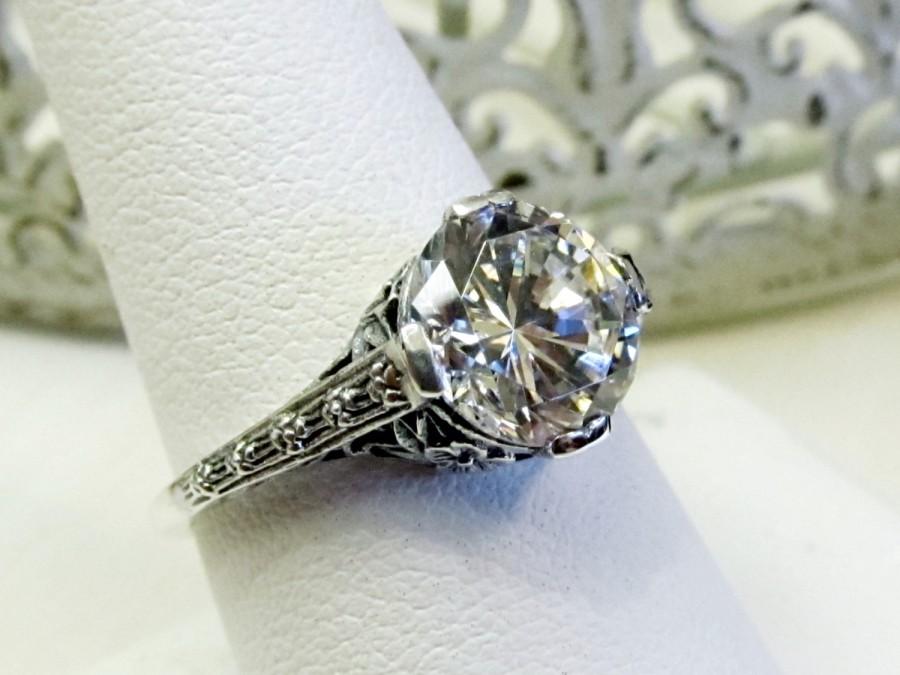 Wedding - Vintage Style Sterling Silver "Diamond" CZ Solitaire Engagement Ring/ Engraved Floral Filigree Platinum Dipped