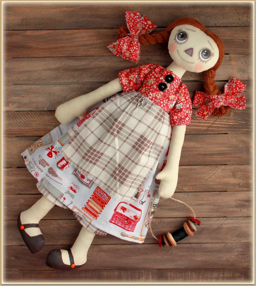 Hochzeit - Primitive Raggedy Doll  seamstress Gabi  fabric soft doll rag doll cloth doll handmade doll