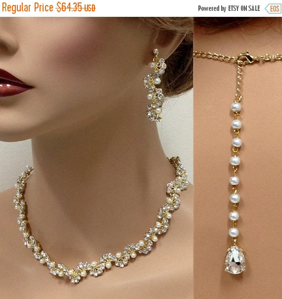 زفاف - Bridal jewelry, Bridal back drop necklace earrings, vintage inspired rhinestone pearl bridal statement, Golden bridesmaid jewelry set