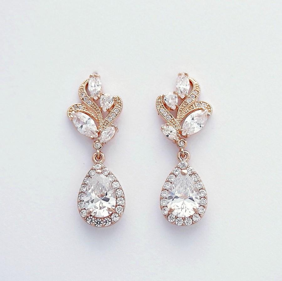 زفاف - Rose Gold Wedding Earrings Bridal Jewelry Cubic Zirconia Posts Pink Gold Bridal Earrings Wedding Jewelry Teardrop Earrings, Wavy