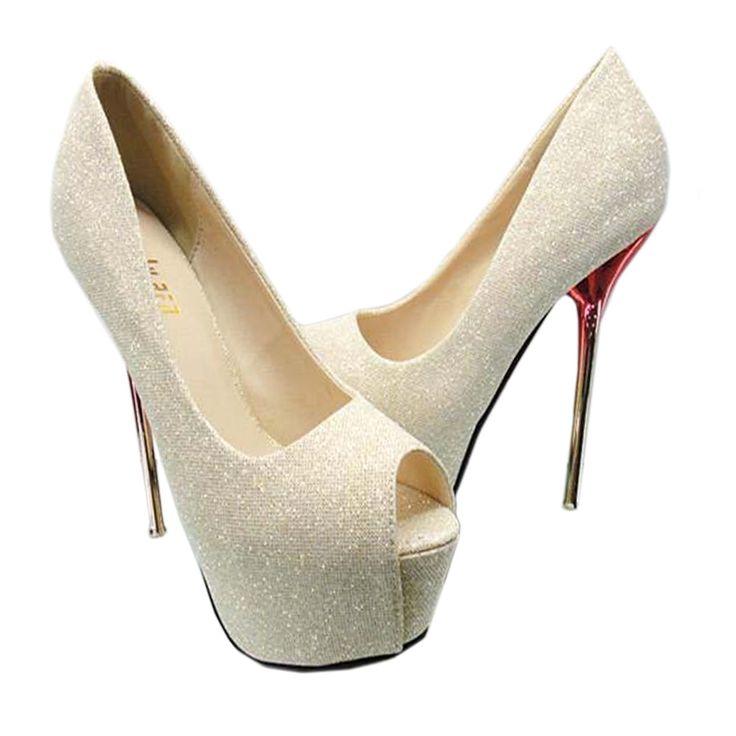 Hochzeit - Sexy Peep-toe Super High Thin Heel Wedding Shoes Golden