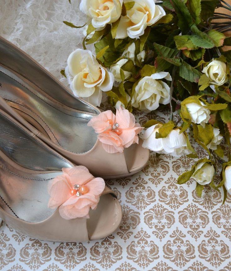 Свадьба - Peach Flower Shoe Clips