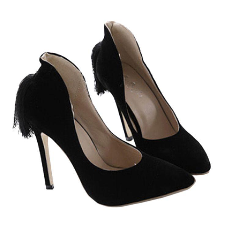 Hochzeit - Back Heel Tassel Pointed Thin High Heel Low-cut Wedding Shoes Black 35