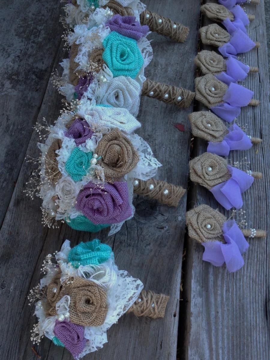 Mariage - Beautiful lavender and teal burlap bouquets with pearls and baby's breath accents(listing is for one bridal bouquet)