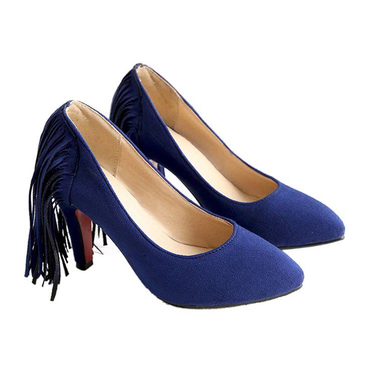 Hochzeit - Tassel High Heel Women Thin Shoes Fluff Low-cut Wedding Shoes Plus Size Blue 35