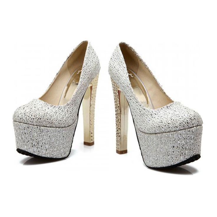 Hochzeit - Super High Wedding Shoes Bridal Plus Size Night Club T Stage Silver