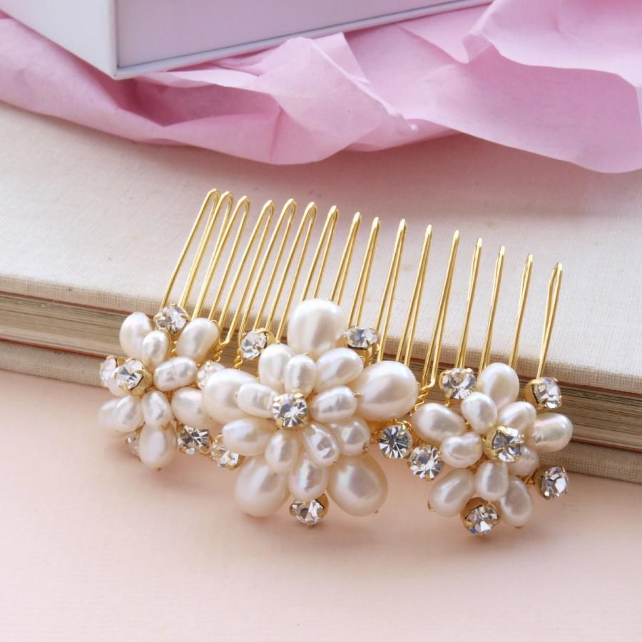 Hochzeit - Wedding Pearl Hair Comb Gold Bridal Hair Accessories Ivory Real Pearls Vintage Floral Brooch Style Rhinestones  etsy uk