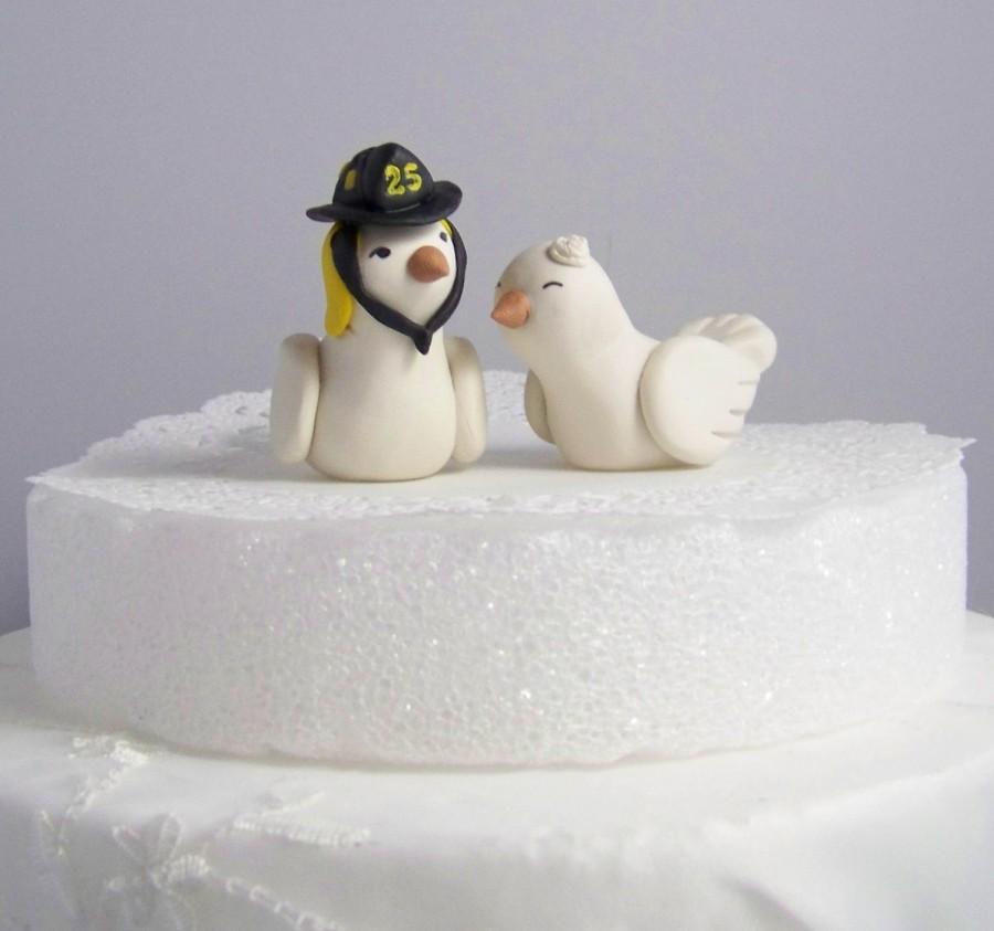 Wedding - Firefighter Wedding Cake Topper Love Birds Cake Topper- Custom Small - Choice of Colors