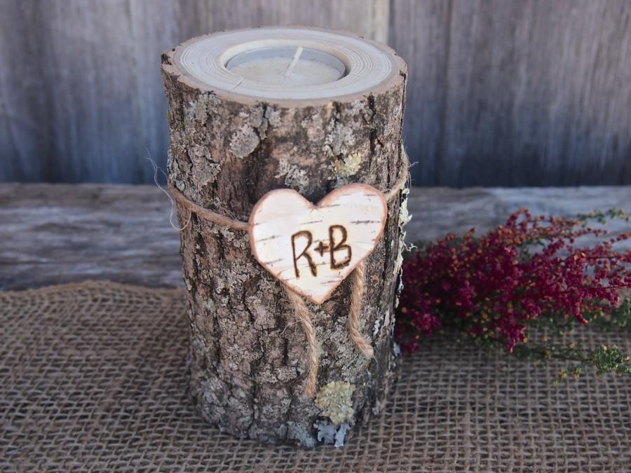 Hochzeit - Personalized WOODEN Candle Holder - Wood - Rustic Country Wedding - Brown - White Birch Heart