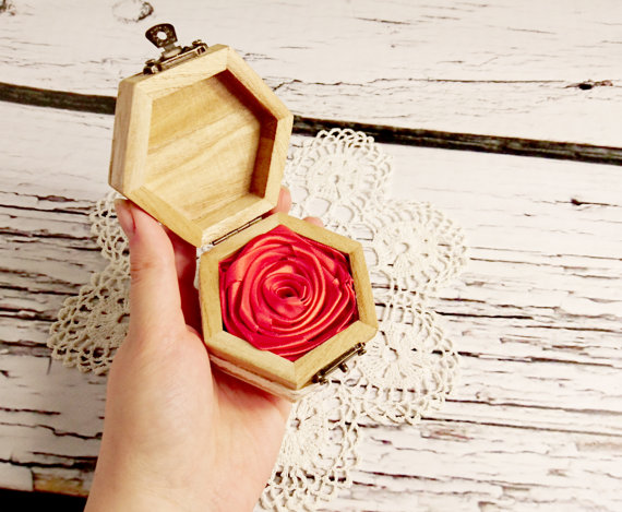 Wedding - Engagement ring box, rustic style cotton lace shabby chic brown cream lace handmade satin flower rose birch bark heart small box