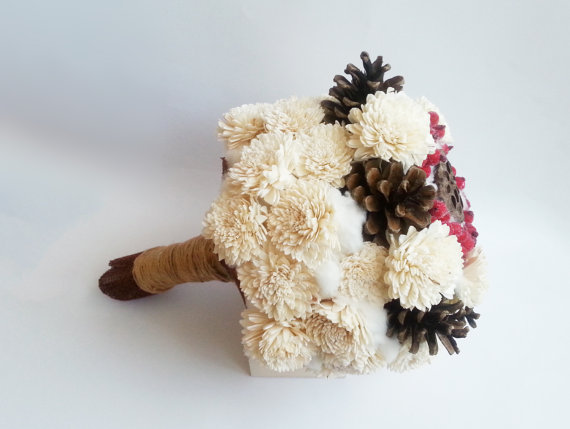 Wedding - READY to SHIP big rustic wedding BOUQUET Cream Flowers pine cones bell cup cotton red frozen berries winter woodland wedding sola roses