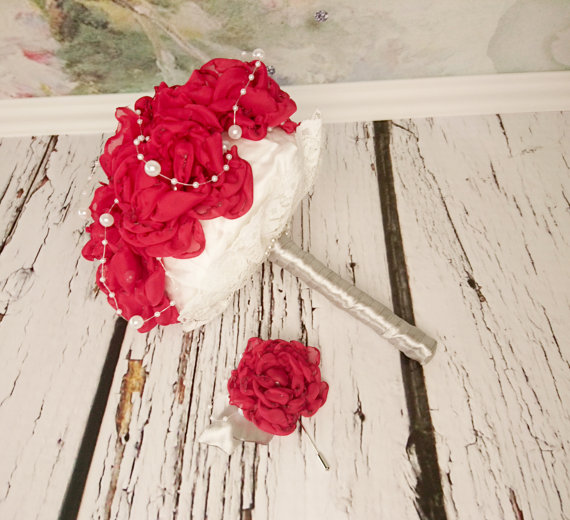 Hochzeit - READY to SHIP White red silver Fabric Bouquet winter Wedding Bridal Bouquet with Pearls HANDMADE flowers brooch cotton lace satin handle