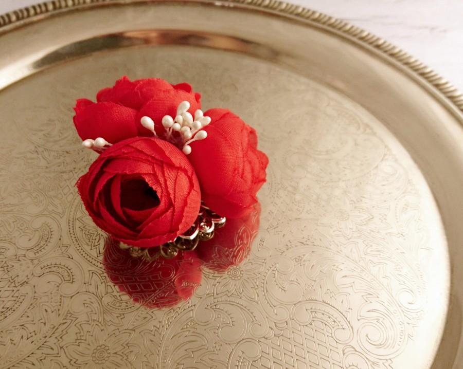 Hochzeit - Bobby pin wedding hair clip silk flower peonies red bridal hair piece custom