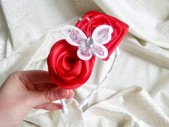 Свадьба - Red and white headband with handmade satin flowers and butterfly with sparkling elements, flower girl bridesmaid