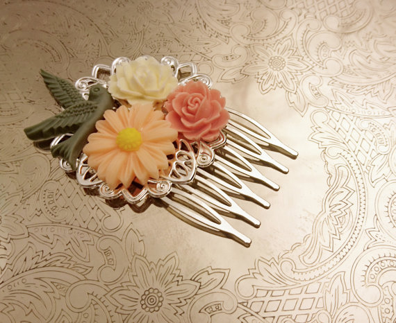 Mariage - Handmade wedding hair comb clip resin flowers roses vintage bird cream peach green sage wedding prom accessory hair piece bride