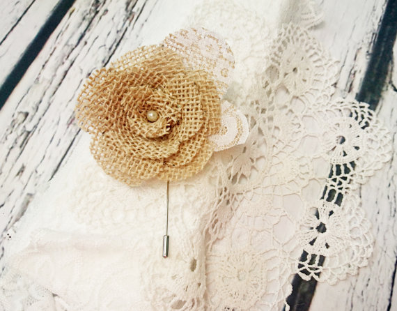 Mariage - Rustic wedding boutonniere burlap and lace handmade flower metal pin