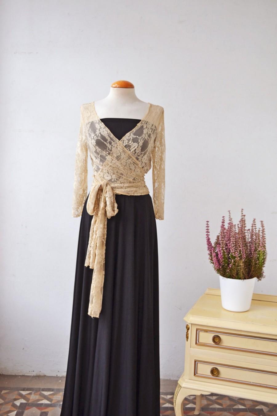 Mariage - Black maxi dress, black gown, long sleeve lace dress, golden lace dress, elegant long dress evening long dress, bridesmaid dress, long dress