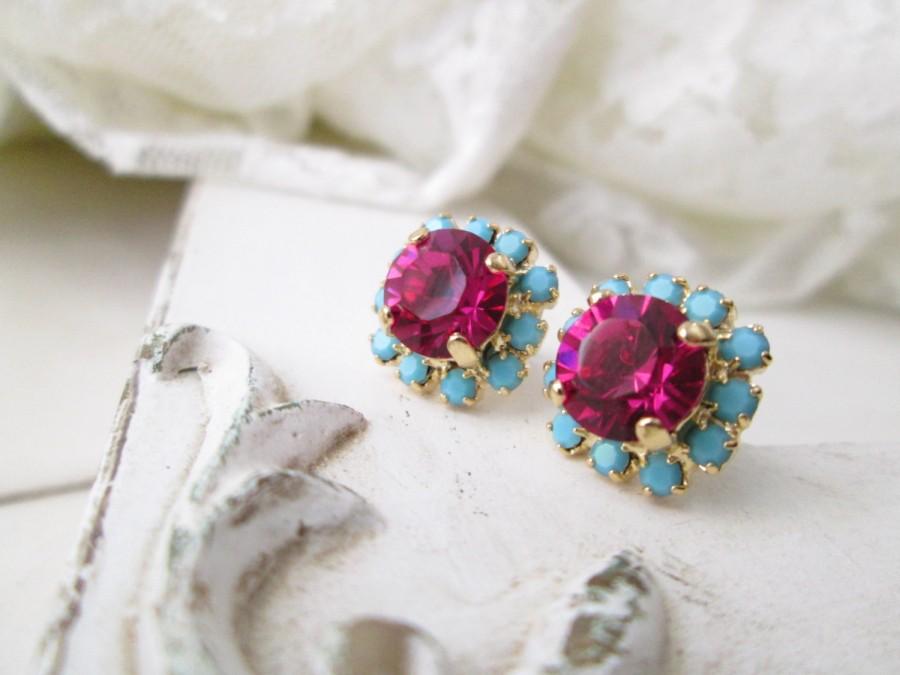 زفاف - Swarovski Crystal Pink Fuchsia Turquoise Gold or Silver Stud Earrings,Pink Turquoise Swarovski Bridesmaids Earrings,Swarovski Stud Earrings