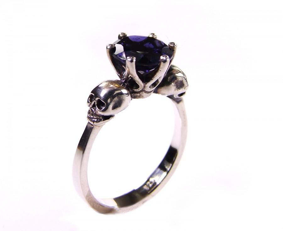 Mariage - Skull Engagement Ring, Valentines Gift Size 6 READY TO SHIP Sapphire Blue Tanzanite Iolithe Sterling Goth Ring Blue Memento Mori Womens Ring