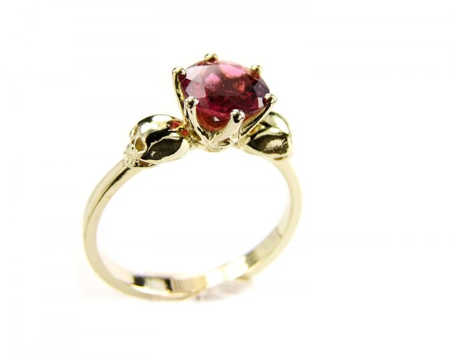 Hochzeit - Skull Engagement Ring Yellow Gold and Pink Tourmaline Or Ruby Goth Wedding Ring Psychobillly Skull Ring Gemstone Memento Mori Ring for Women
