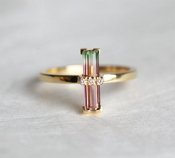 Wedding - Watermelon Tourmaline Ring, Bi Color Tourmaline Ring, Unique Engagement Ring, Baguette Engagement Ring, Gold Tourmaline Ring