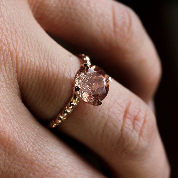 زفاف - Oregon Sunstone Ring, 14k Rose Gold Ring, Gemstone Ring, Gold Band, Recycled Gold, USA Mined, Conflict Free, Milgrain