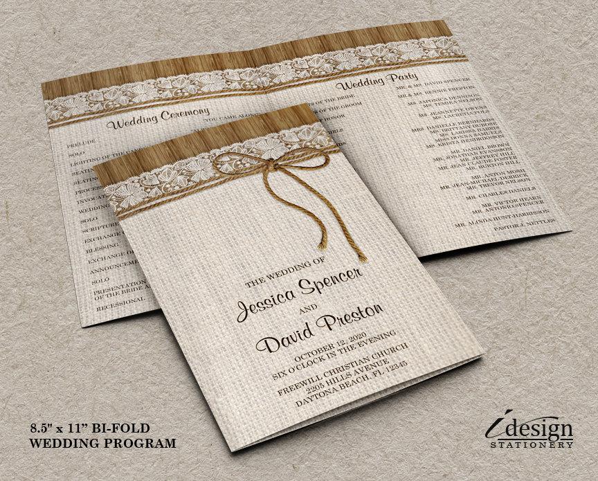 Hochzeit - Rustic Wedding Program With Burlap Lace And Twine On Brown Barn Wood 