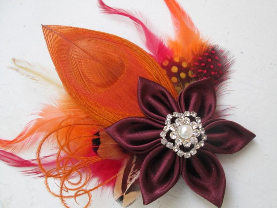 زفاف - Marsala & Orange Peacock Wedding Hair Fascinator, Burgundy Bridal Feather Head Piece, Birdcage Veil, Vintage, Rustic, Country Bride