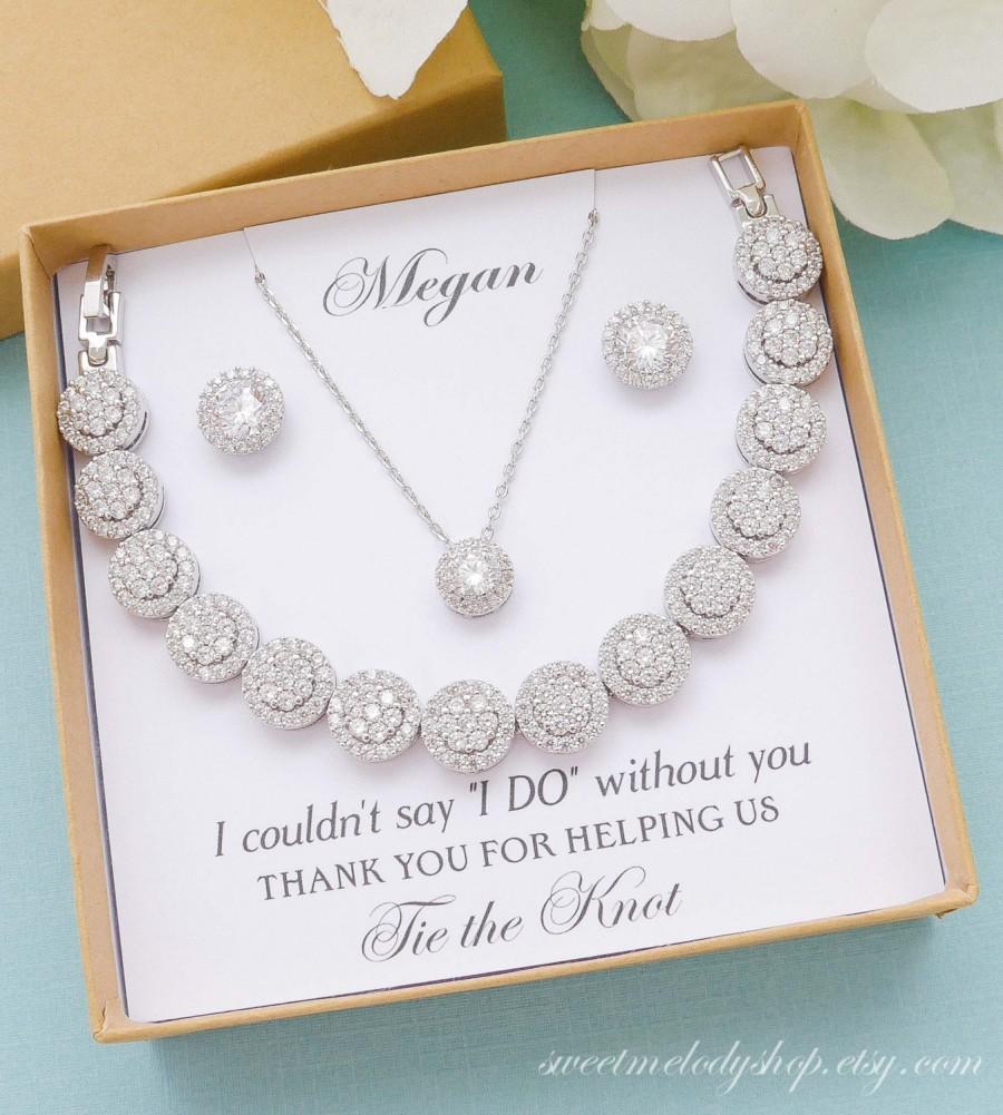 Свадьба - Bridesmaid Gift, Bridesmaid Jewelry Set, Bridesmaid Round Crystal Stud Earrings and Necklace Bracelet Set, Personalized Bridesmaid Gifts