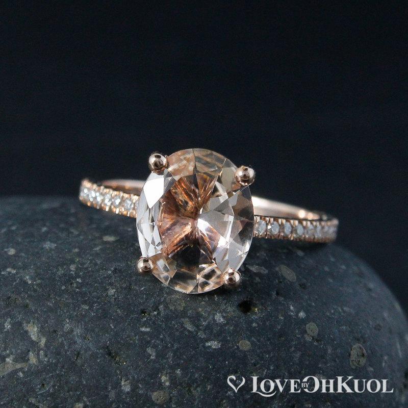 Wedding - Oval Pink Morganite Engagement Ring – White Diamond Band