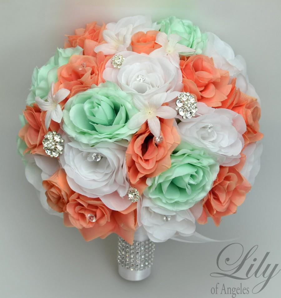Mariage - 17 Piece Package Wedding Bridal Bouquet Silk Flowers Bouquets Artificial Bride MINT CORAL WHITE Jewels Diamond "Lily of Angeles COMI02