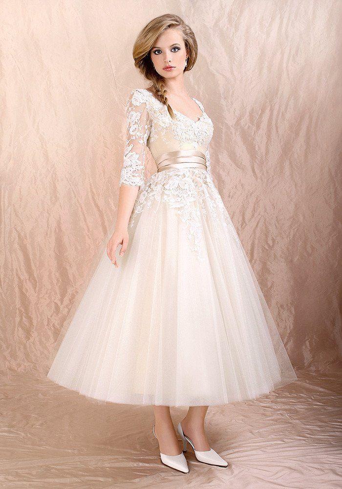 Mariage - Retro 50s 60s Tea Length Long Sleeves Lace Tulle Formal Wedding Dress