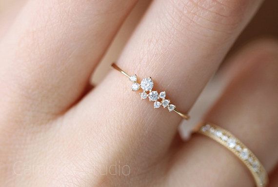 Wedding - 14k Gold Slender Delicate Tactic Inlay Zircon Ring —— Tiny Bouquet 