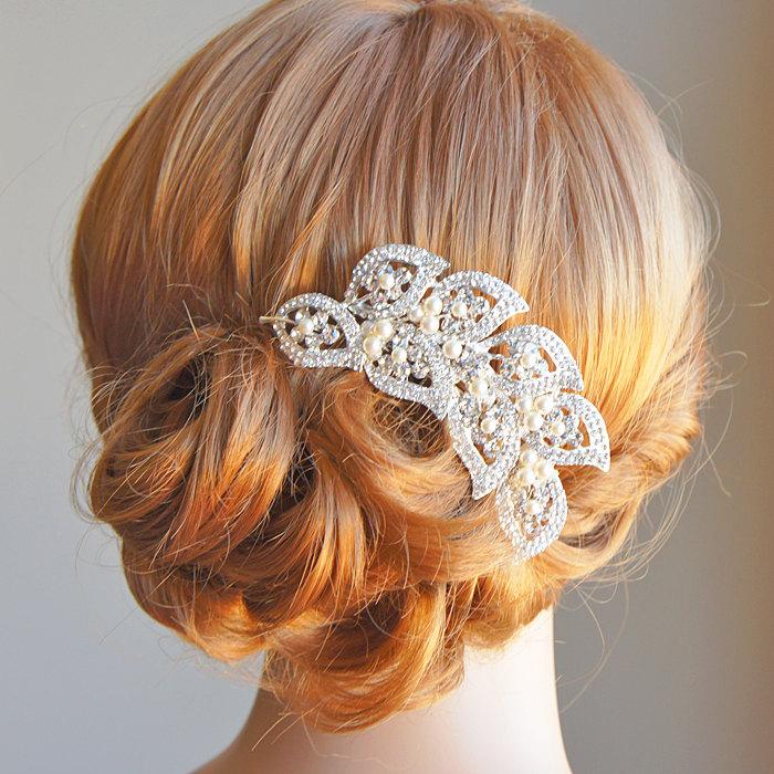 زفاف - 50% OFF SALE, Bridal Hair Accessories, Crystal Leaf Wedding Hair Comb, Vintage Style Swarovski Pearl Cluster Headpiece, Hairpiece, AURORA