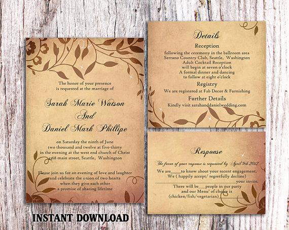Свадьба - DIY Rustic Wedding Invitation Template Set Editable Word File Download Printable Invitation Brown Wedding Invitation Leaf Wedding Invitation