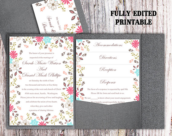 Wedding - Printable Pocket Wedding Invitation Suite Printable Invitation Colorful Invitation Floral Invitation Download Invitation Edited PDF file