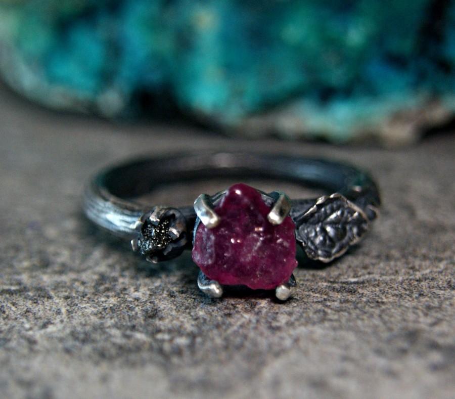 Hochzeit - Rough Ruby Black Diamond Twig Ring, Alternative Engagement Ring, Goth Style Jewelry, Sterling Silver Leaf Ring