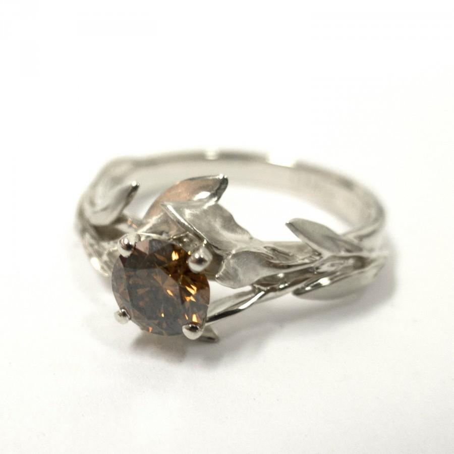 Wedding - Leaves Engagement Ring No. 4 - 14K White Gold and Brown Diamond engagement ring, leaf ring, Cognac Diamond Ring, Champagne Diamond Ring
