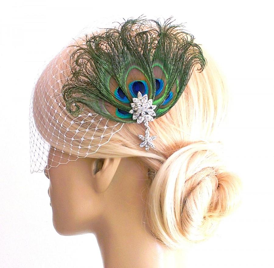 Mariage - Birdcage Veil ,peacock Feathers Fascinator,(2 ITEMS), bridal Feathers Fascinator, Hair Accessories,bridal head piece
