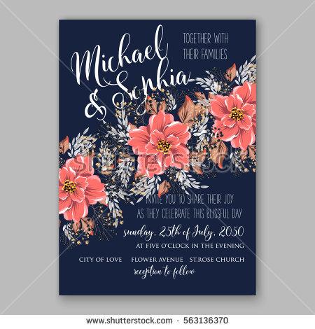 Mariage - Wedding Invitations with anemone flowers. Anemone Bridal Shower invitation cards in navy blue theme with red peony