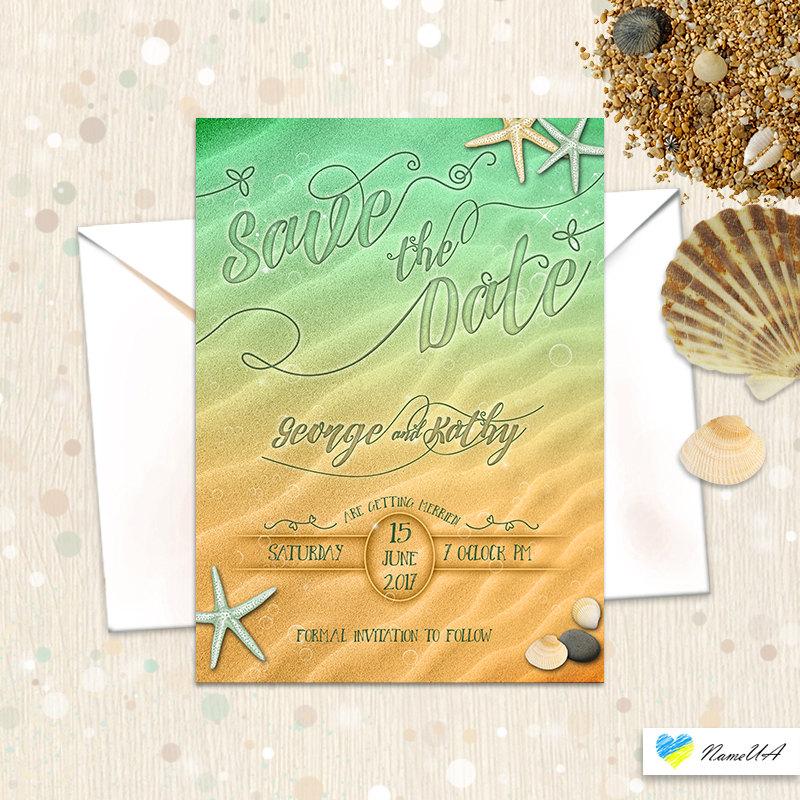 Hochzeit - Save the Date Nautical Beach Wedding Invitation. Ocean Water Thank You Cards Printable Set. Marine Sea Sand Green Yellow Starfish Shell
