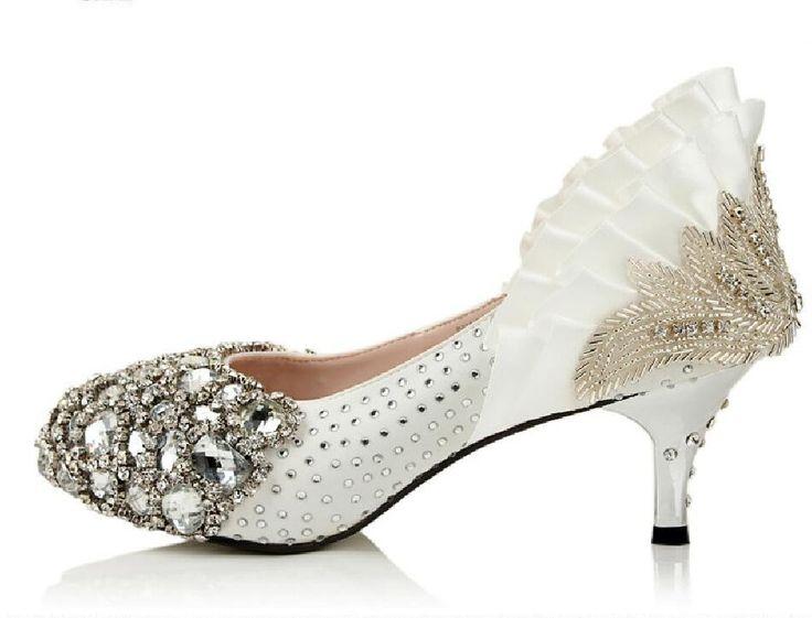 زفاف - Handmade Middle High Heels Pointed Toe Crystal Wedding Shoes, S003