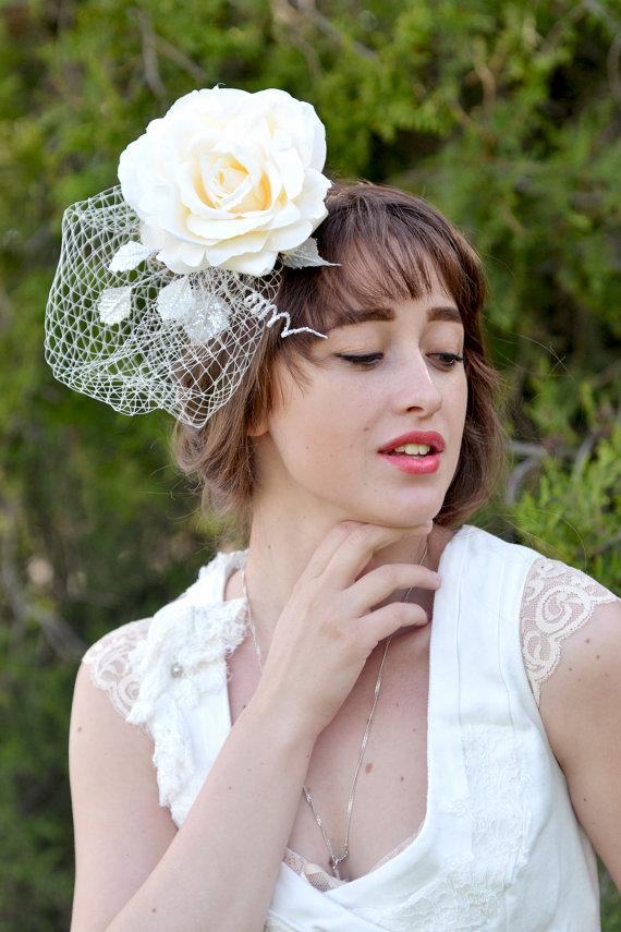 Hochzeit - Wedding rose ivory fascinator Hair clip Bridal cream Veil Wedding flower headpiece Romantic wedding ivory rose